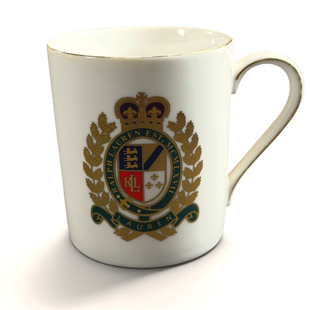 Lauren Ralph Lauren Estate Crest Coffee Mug White Gold Rim Heraldic Lion RL